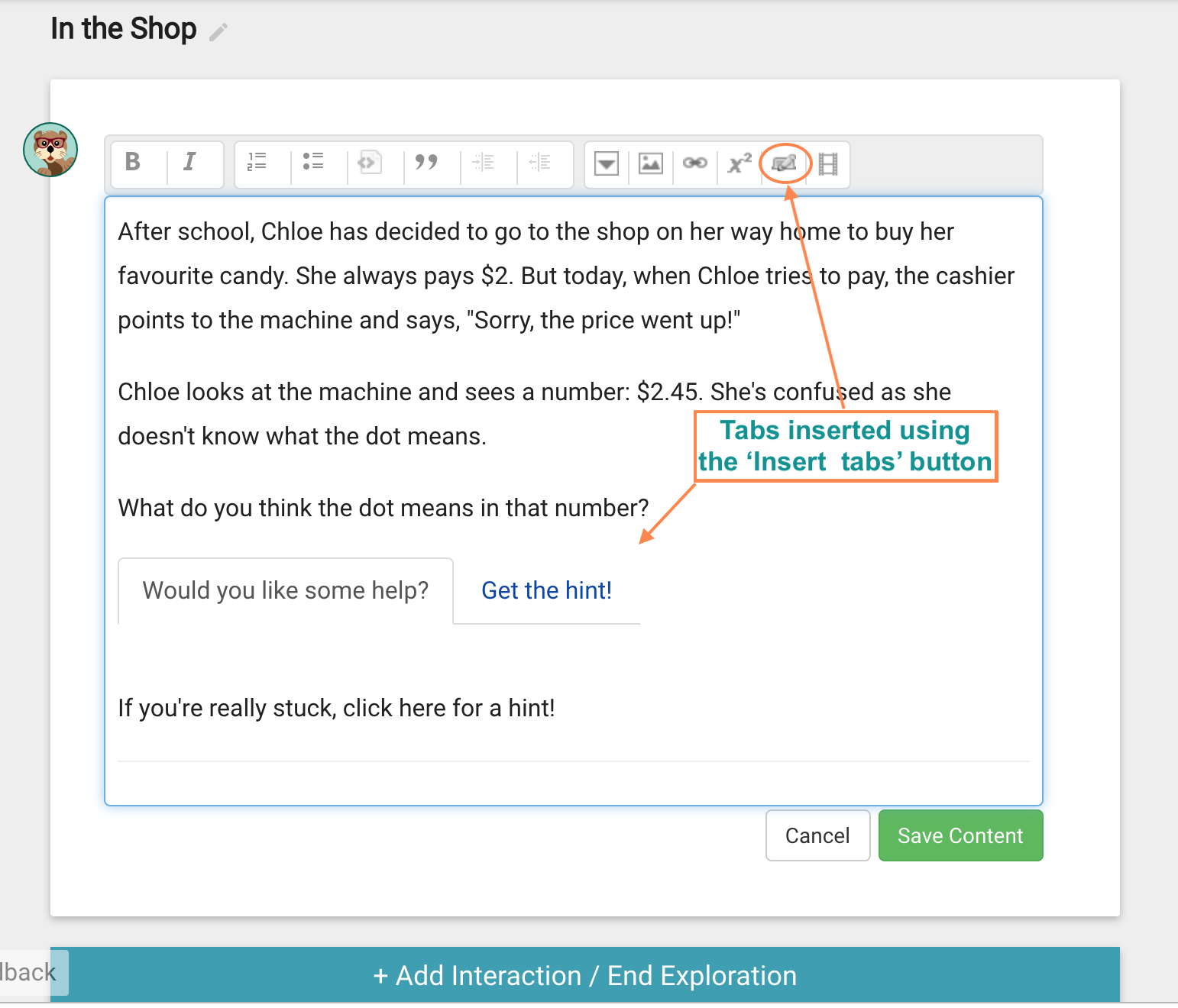 Editor box with tab inserted